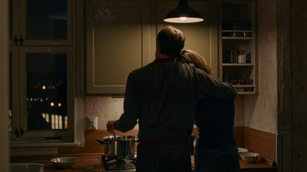 A couple in a kitchen in the evening, she leans against him, both seen from behind.
