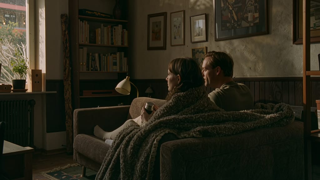 A couple on a sofa in the evening, seen from behind; he is tucking a blanket around her.