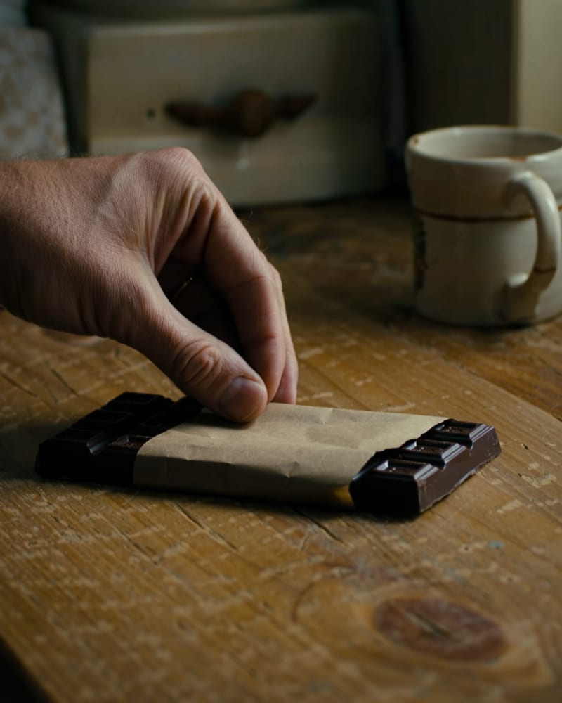 A bar of chocolate on a kitchen table in evening light.