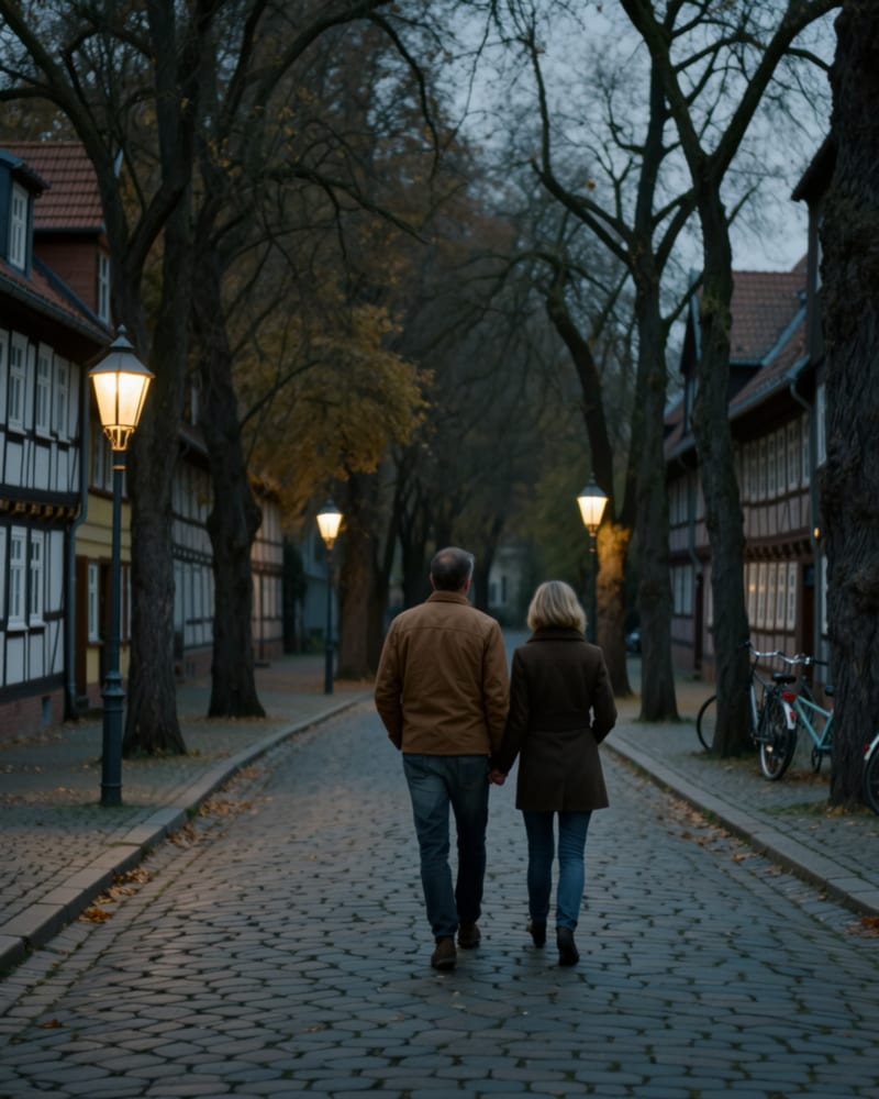 A couple walking at dusk, seen from behind.