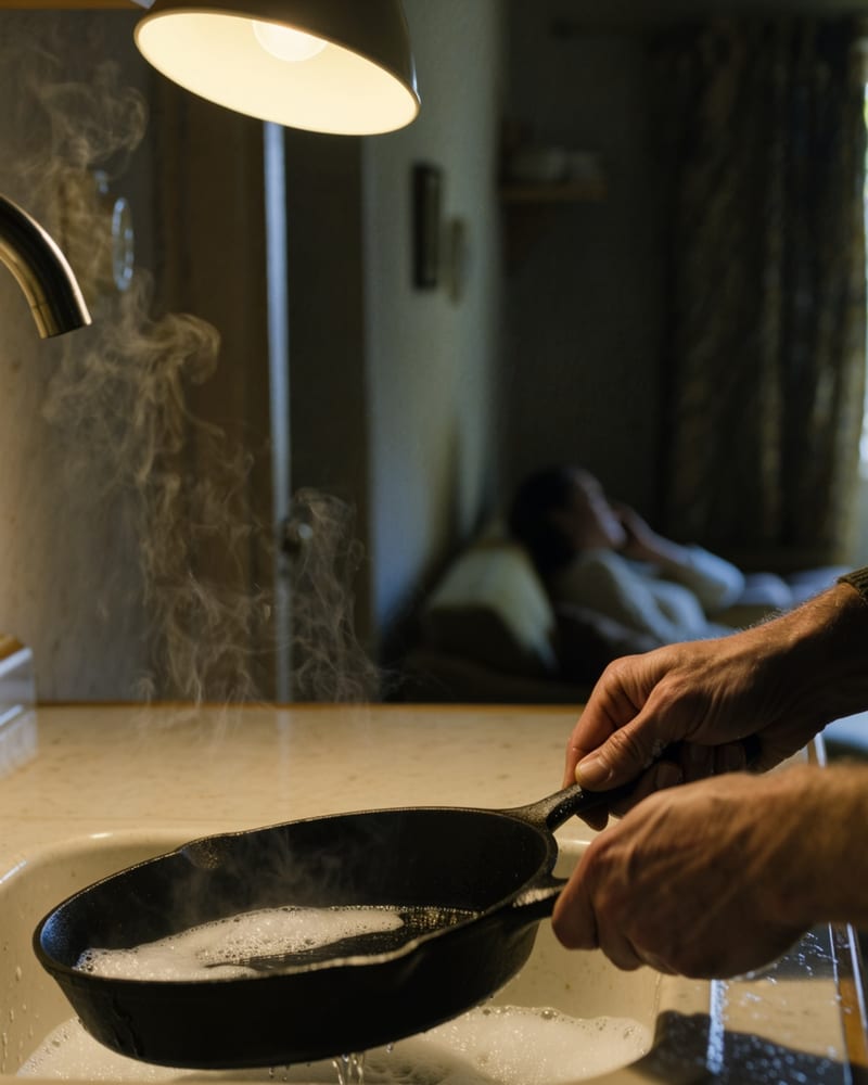 Hands doing the dishes in warm kitchen light.