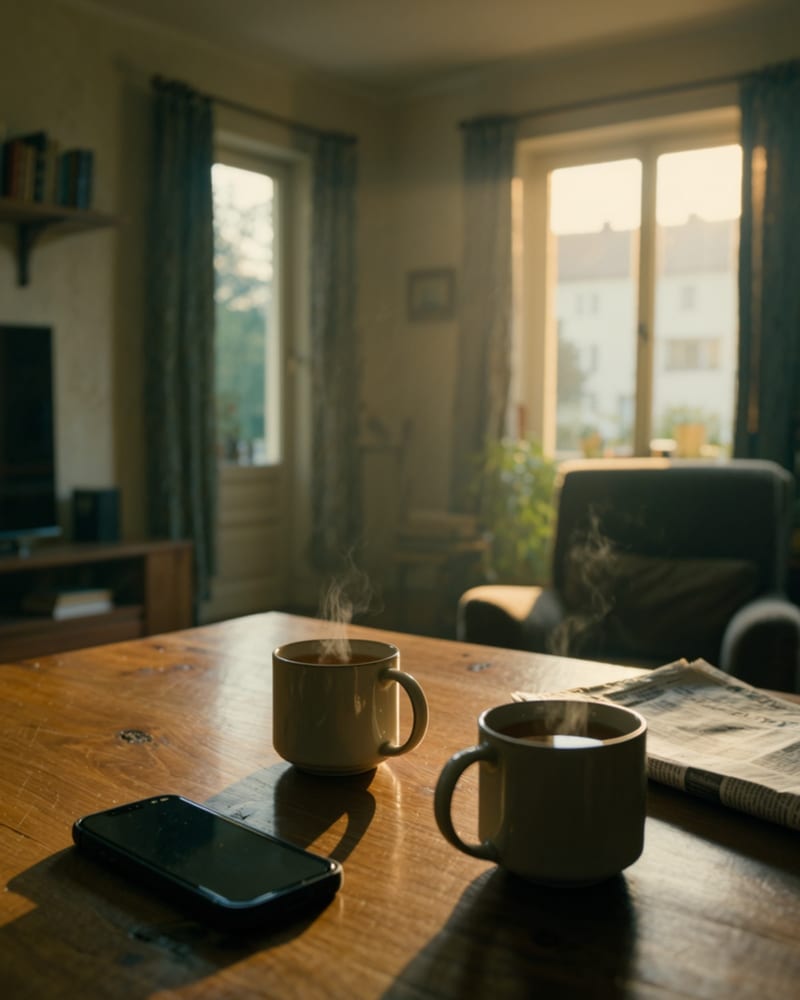 A smartphone lying face down on a wooden table.